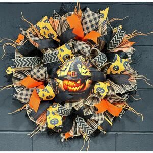 Halloween Wreath For Front Door Spooky Pumpkin  Orange and Black Handmade 26 in